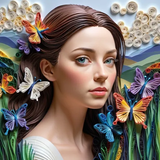 Prompt: A beautiful woman. Hyperdetailed photorealistic.  She is actually made of thousands of very very  tiny tightly wound spiral quills of colored paper. Even the irises of her eyes are made of tiny paper quills. paper quilling. She is slowly reaching up with one hand for a paper quilled butterfly. The landscape behind her is more impressionistic