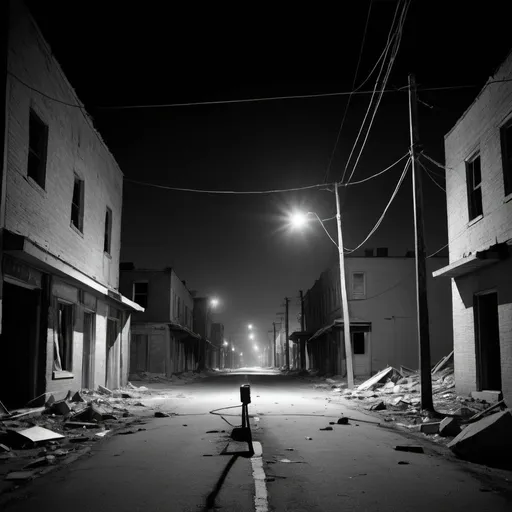 Prompt: A desolate, empty street stretches into the distance, littered with debris and rubble. The stark contrast of black and white highlights the desolation. Above, a single bare lightbulb hangs from a frayed wire, casting a dim glow over the scene, symbolizing the eerie abandonment of the area.