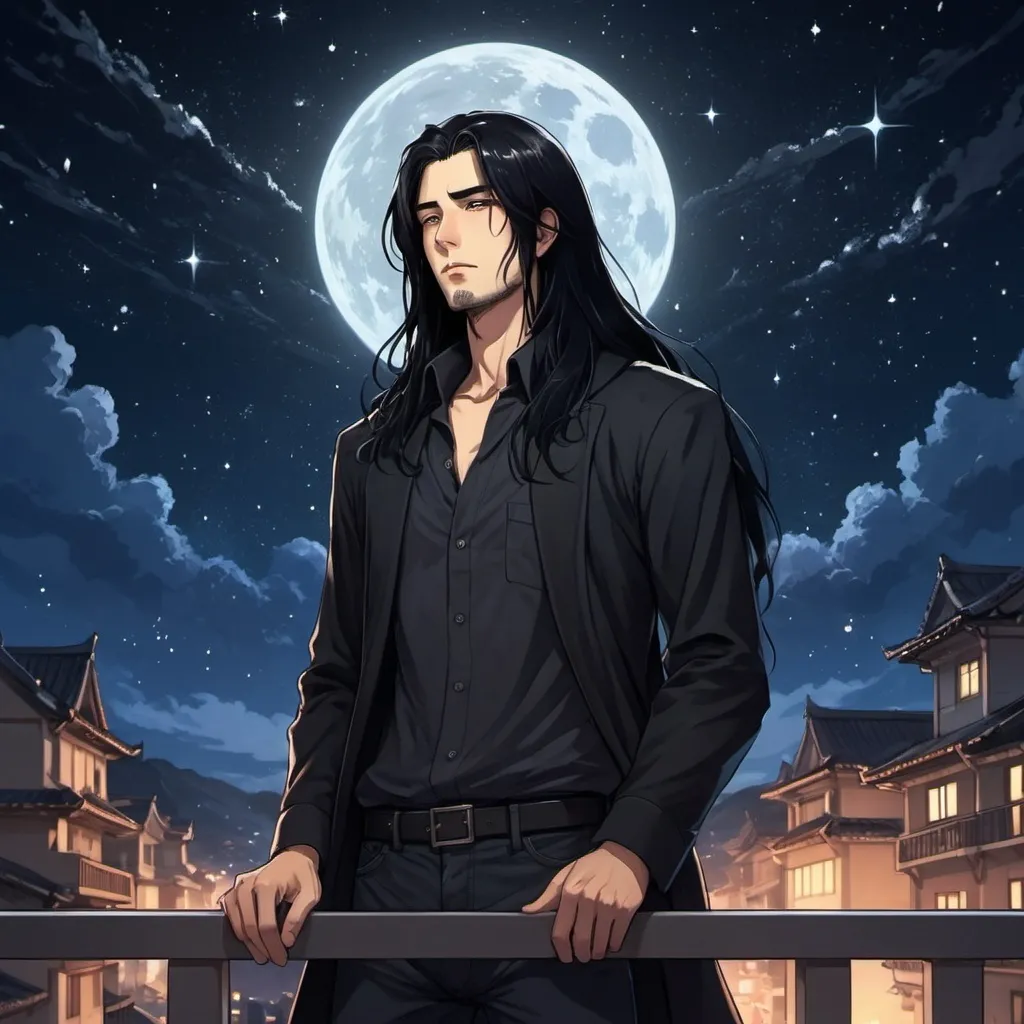 Prompt: a man with long black hair and black eyes standing on a balcony at night with stars in the sky above, Adam Manyoki, space art, anime art style, a character portrait