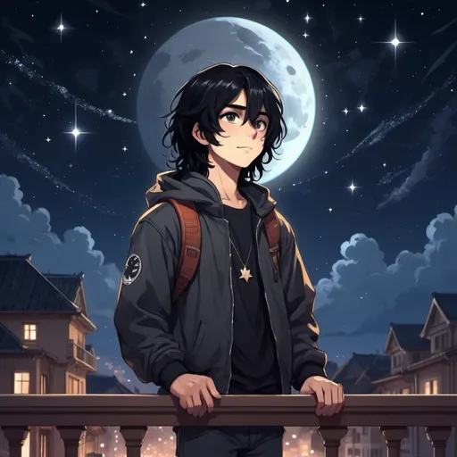 Prompt: a cute boy with long black hair and black eyes standing on a balcony at night with stars in the sky above, Adam Manyoki, space art, anime art style, a character portrait