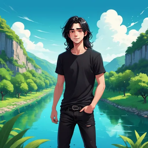 Prompt: (cartoons style), (cute guy), long black hair, deep black eyes, wearing a black t-shirt, black jeans, vibrant blue clear sky, lush green river, joyful atmosphere, playful ambiance, bright and engaging colors, animated features, cheerful expressions, ultra-detailed and vivid illustration, high-quality.