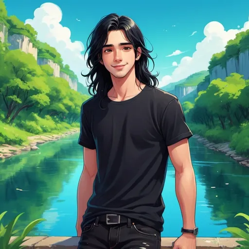 Prompt: (cartoons style), (cute guy), long black hair, deep black eyes, wearing a black t-shirt, black jeans, vibrant blue clear sky, lush green river, joyful atmosphere, playful ambiance, bright and engaging colors, animated features, cheerful expressions, ultra-detailed and vivid illustration, high-quality.