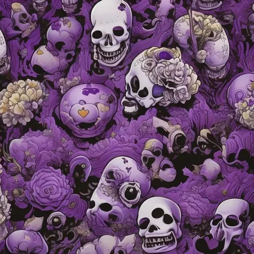 Prompt: The forever never,  cosmic,  skulls, flowers, Japanese animations,  purple,  black, hearts 