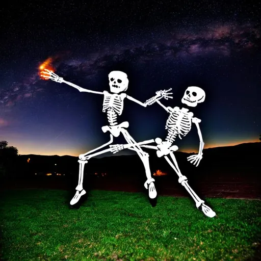 Prompt: <mymodel>a skeleton man and woman,  dancing,  in the night sky, bloody feet