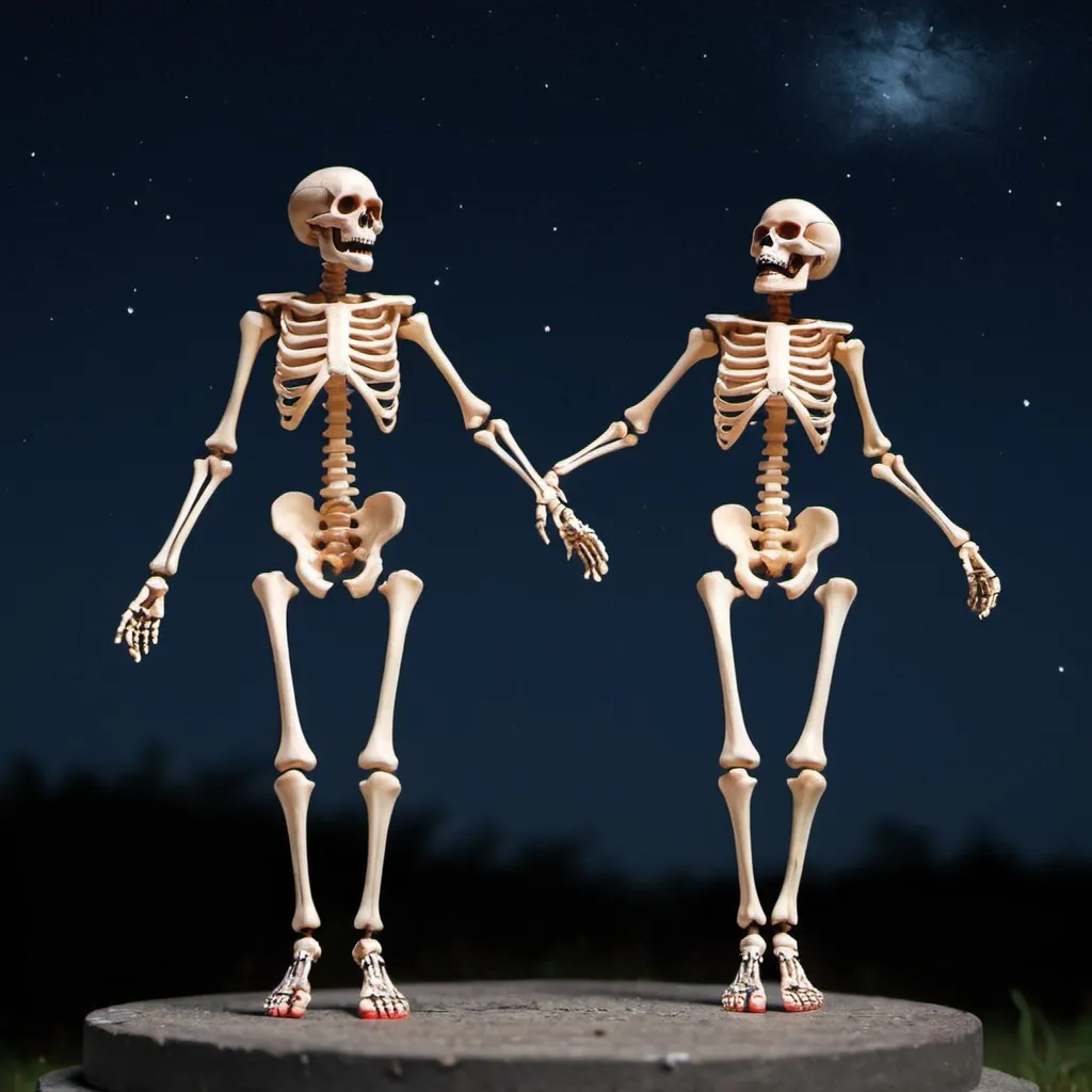 Prompt: <mymodel>a skeleton man and woman,  dancing,  in the night sky, bloody feet