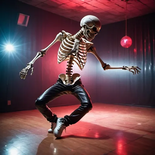 Prompt: Blood on the dance floor, skeleton break dancing in a leather outfit, disco space ball