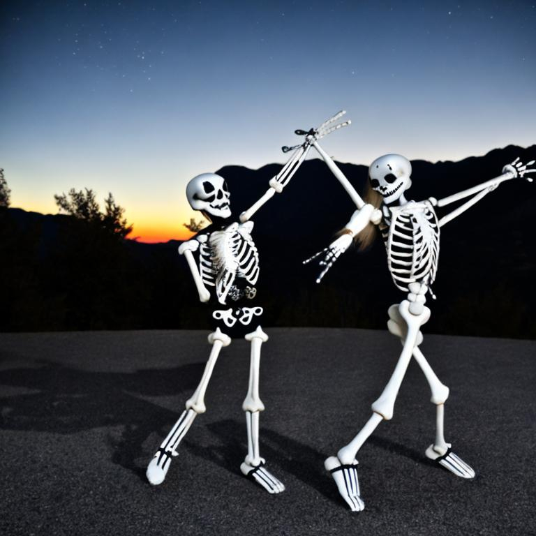 Prompt: <mymodel>a skeleton man and woman,  dancing,  in the night sky, bloody feet