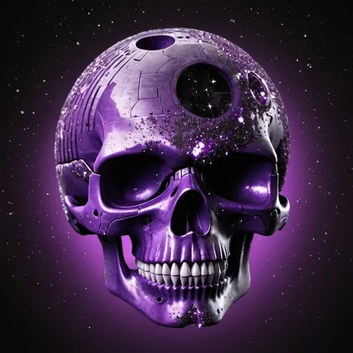 Prompt: The Death Star,  shaped like a skull, with purple sparkles 