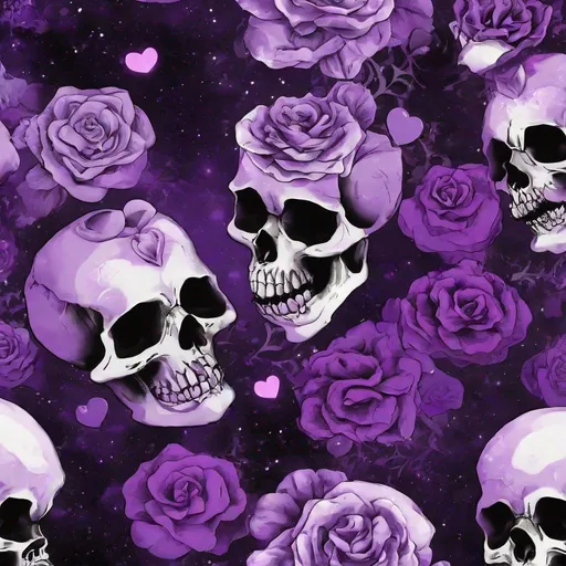 Prompt: The forever never,  cosmic,  skulls, flowers, ,  purple,  black, hearts 