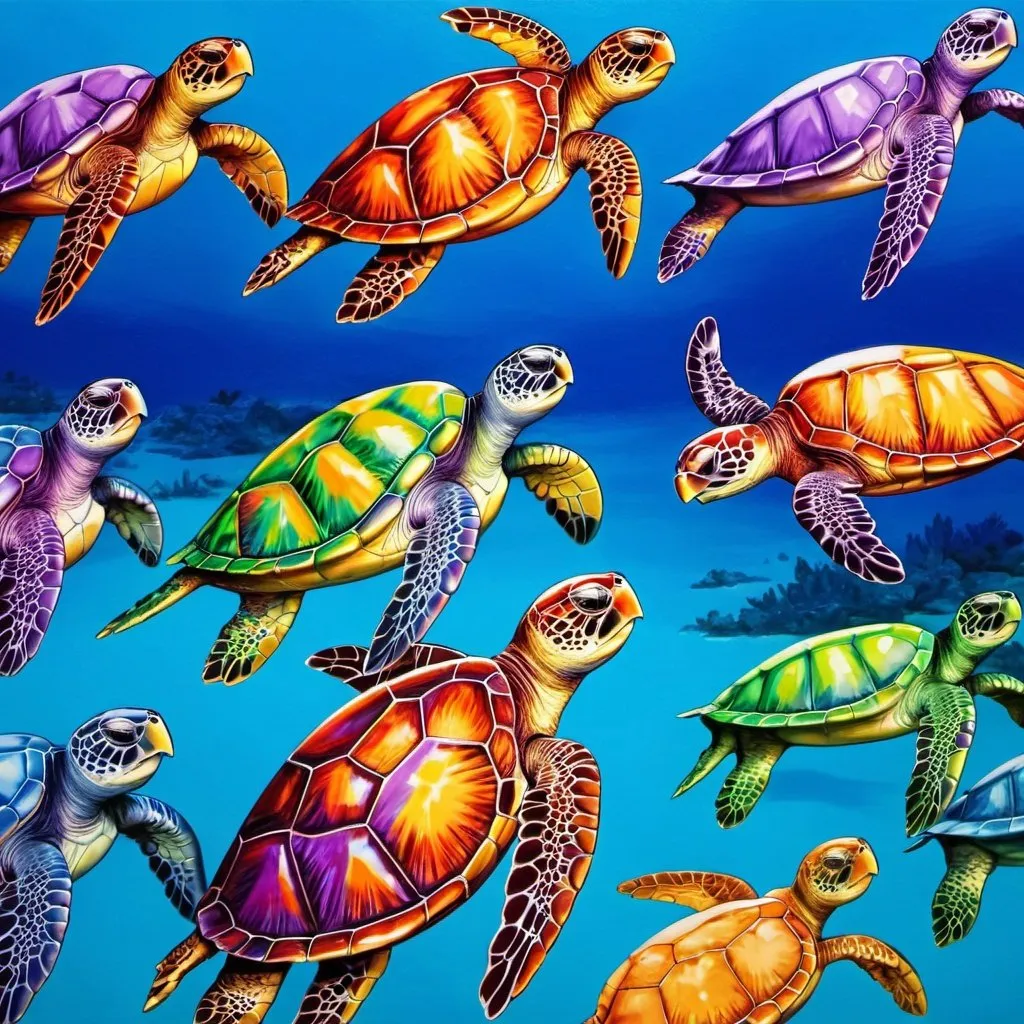 Prompt: Multichrome sea turtles 