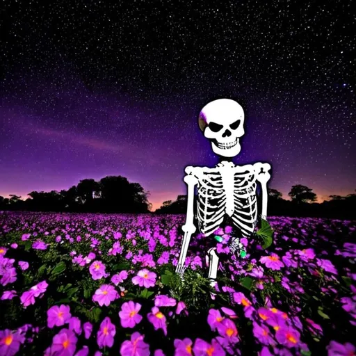 Prompt: A skeleton,  walking in a crowd of ghost,  the stars of falling from the purple sky, flowers are blooming 