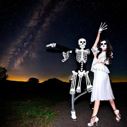 Prompt: <mymodel>a skeleton man and woman,  dancing,  in the night sky, bloody feet