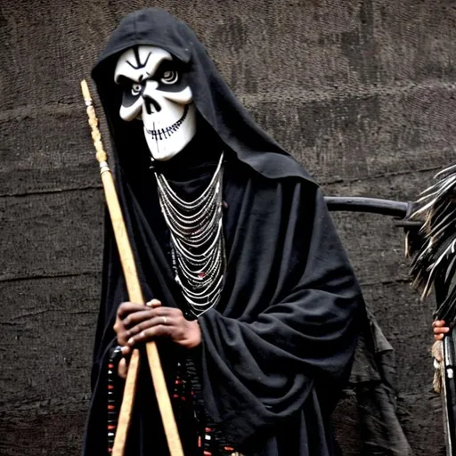 Prompt: Aztec grim reaper holding a sickle,  black and white photo 