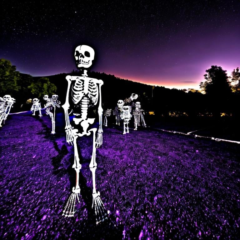 Prompt: A skeleton,  walking in a crowd of ghost,  the stars of falling from the purple sky, children are screaming 