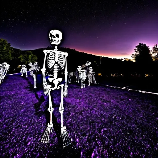 Prompt: A skeleton,  walking in a crowd of ghost,  the stars of falling from the purple sky, children are screaming 