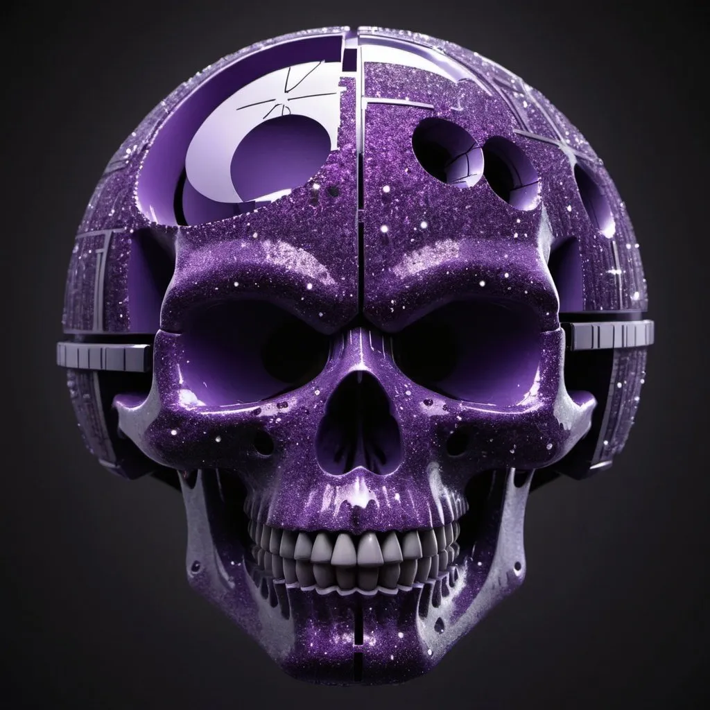 Prompt: The Death Star,  shaped like a skull, with purple sparkles 