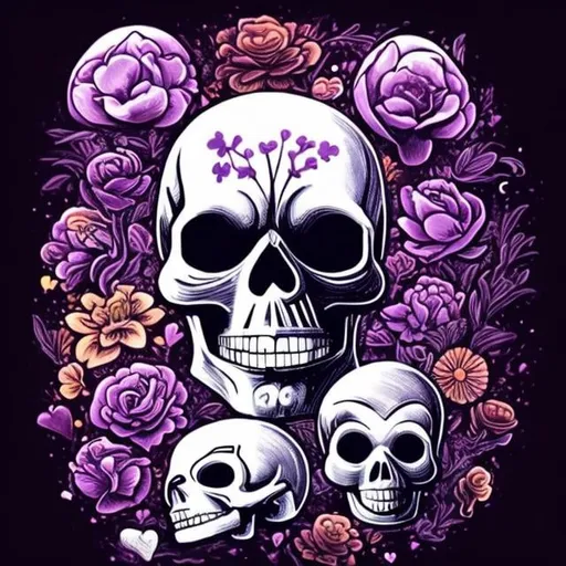 Prompt: The forever never,  cosmic,  skulls, flowers, Japanese animations,  purple,  black, hearts 