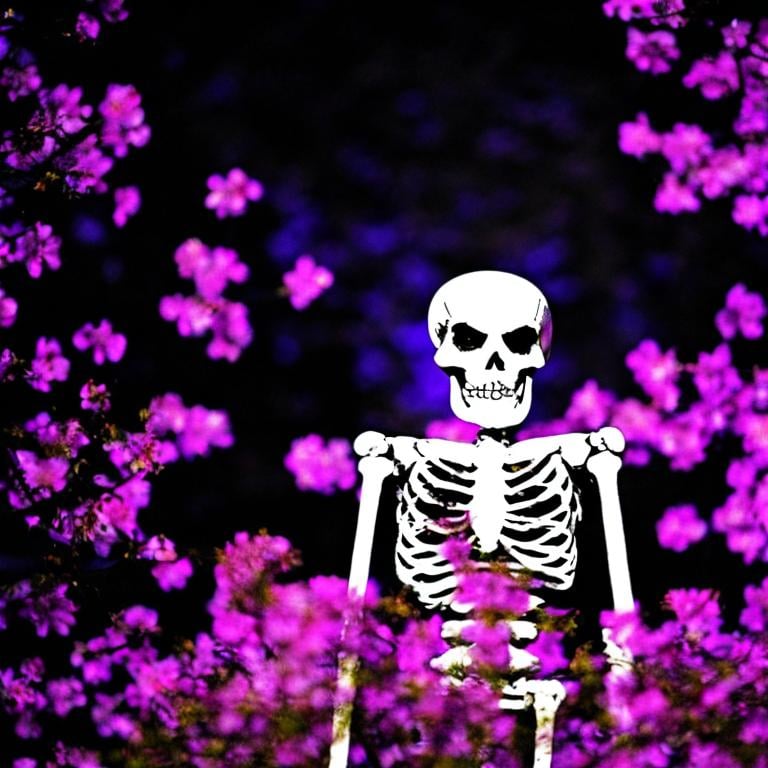 Prompt: A skeleton,  walking in a crowd of ghost,  the stars of falling from the purple sky, flowers are blooming 