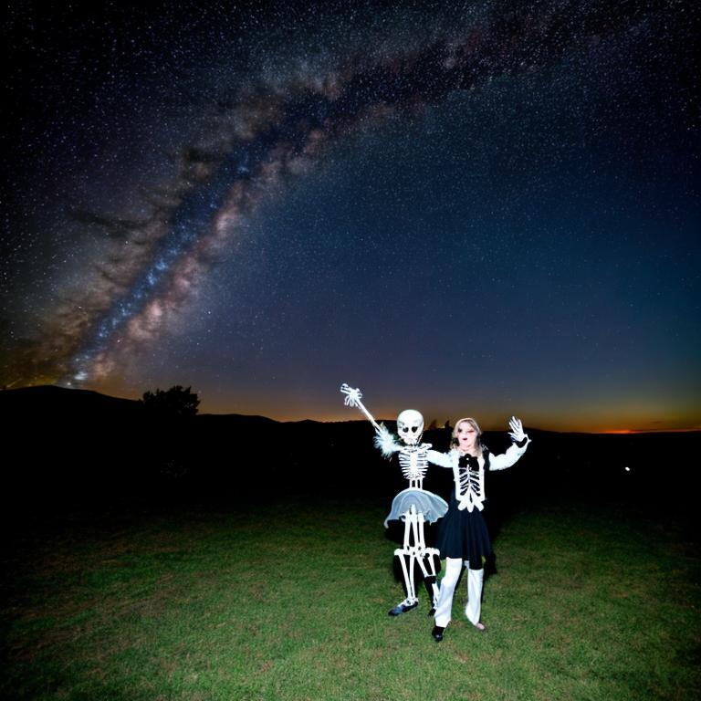 Prompt: <mymodel>a skeleton man and woman,  dancing,  in the night sky, bloody feet