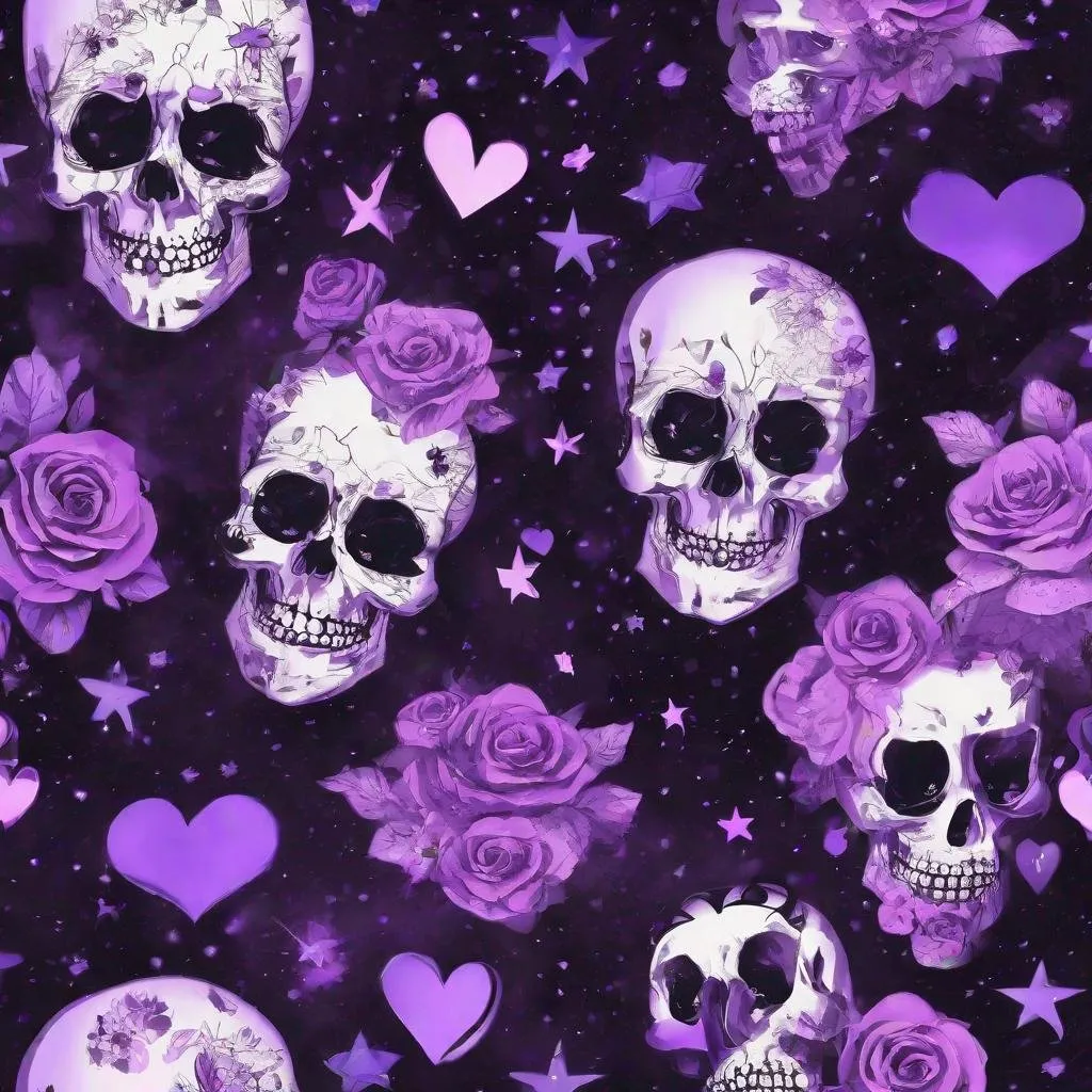 Prompt: The forever never,  ,  skulls, flowers, ,  purple,  black, hearts , stars