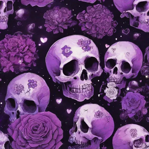 Prompt: The forever never,  cosmic,  skulls, flowers, Japanese animations,  purple,  black, hearts 