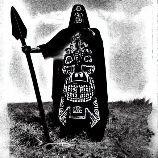 Prompt: An Aztec grim reaper,   holding a sickle,  black and white photo 