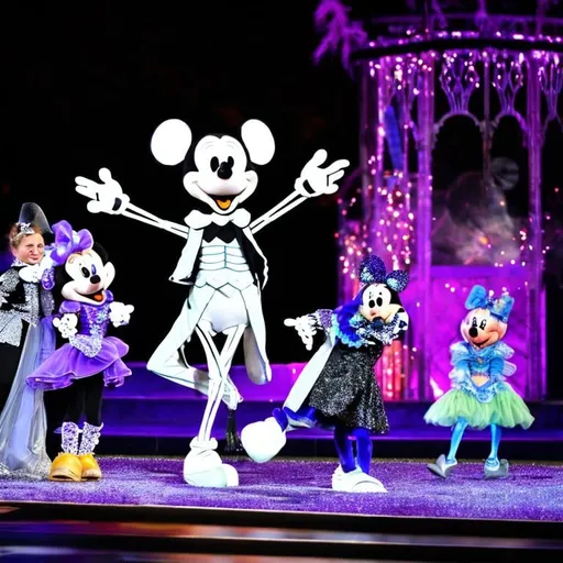 Prompt: A skeleton,   a spooky ghost,  the stars of falling from the purple sky, flowers are blooming  mickey mouse stabbing Cinderella 