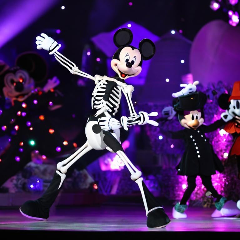 Prompt: A skeleton,   a spooky ghost,  the stars of falling from the purple sky, flowers are blooming  mickey mouse dancing 