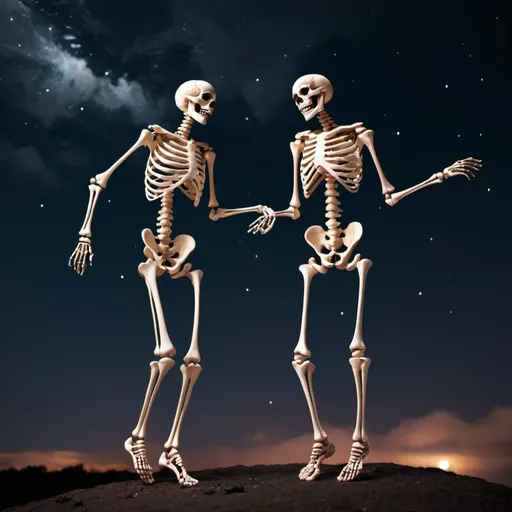 Prompt: <mymodel>a skeleton man and woman,  dancing,  in the night sky, bloody feet