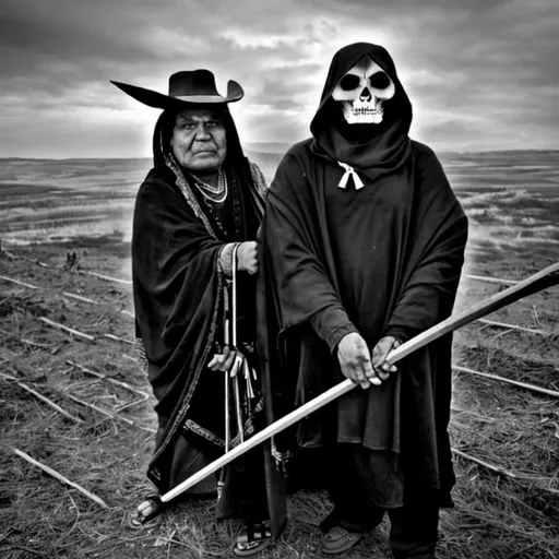 Prompt: Aztec grim reaper holding a sickle,  black and white photo 