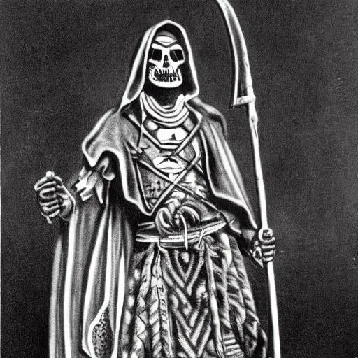 Prompt: Aztec grim reaper holding a sickle,  black and white photo 