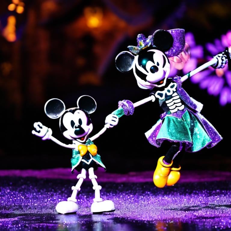 Prompt: A skeleton,   a spooky ghost,  the stars of falling from the purple sky, flowers are blooming  mickey mouse dancing 