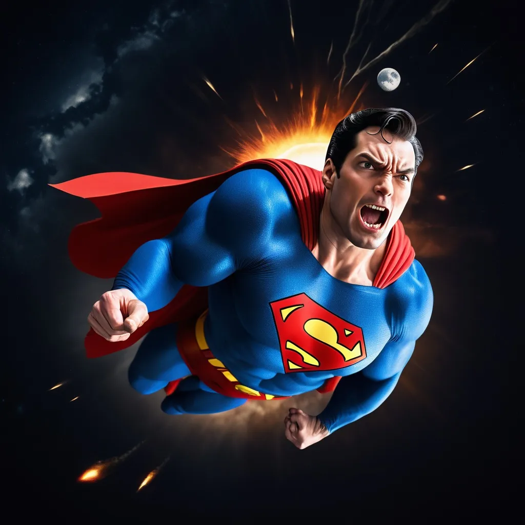 Prompt: superman flying away fast  into space away from earth which is exploding due to being hit by a meteor, he is flying fast and has an angry look on his face. show earth exploding in the background and show the moon also exploding show the sun  