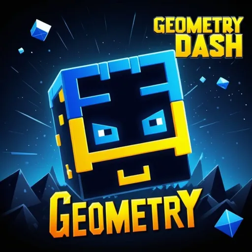 Prompt: title card for a disney movie called geometry dash with monochrome spikes and ground tiles as the scenery and the name in the center and the geometry dash cube with a 5x5 pixel blue and yellow face as the protagonist