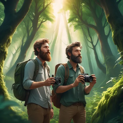 Prompt: (High-quality promotional image), concept art, two men standing in an enchanting forest, one man with a (strikingly majestic beard), holding a camera, capturing the beauty of nature, vibrant greenery around, soft sunlight filtering through the trees, showcasing a sense of adventure and creativity, (remarkable detail), (captivating atmosphere), ideal for showcasing wanderlust or storytelling.