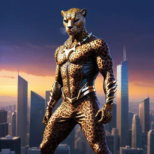 Prompt: Male (leopard man superhero), dynamic pose, fierce facial expression, detailed leopard-patterned skin suit, embellished mask and claws, standing atop a skyscraper at dusk, city skyline in the background, dramatic lighting casting shadows, vibrant colors, high-quality illustration, ultra-detailed character design, emphasizes courage and strength, superhero elements, ready for action. Claws for weapons