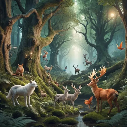 Prompt: A magical scene of a forest. (Include magical creatures)

