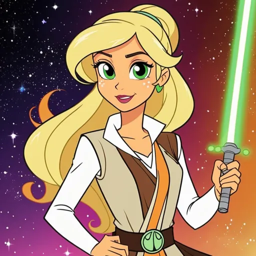 Prompt: star wars equestria girls jedi adult applejack with a ponytail and freckles