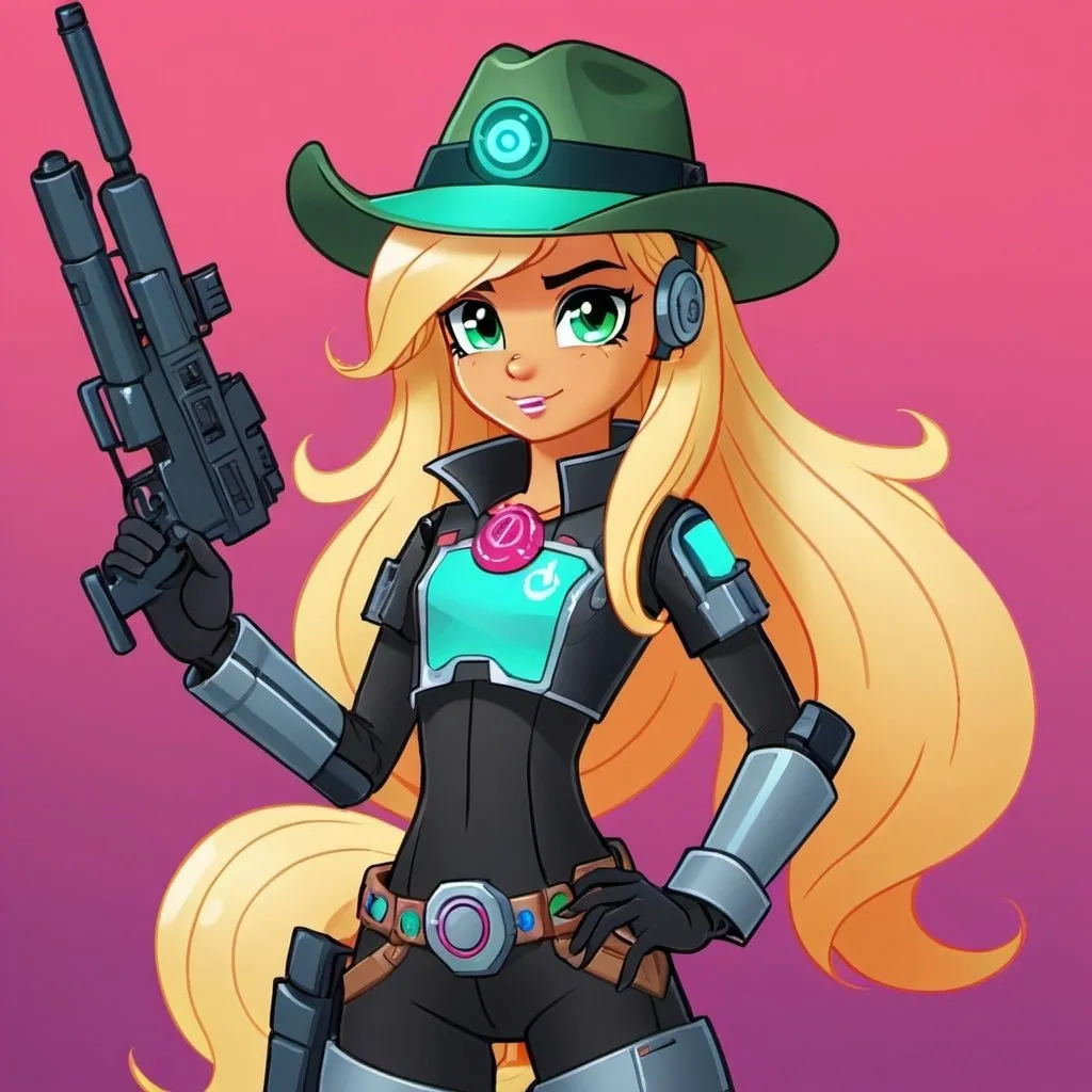 Prompt: equestria girls cyberpunk cyborg applejack wearing a stetson and tech armor and holding a rifle