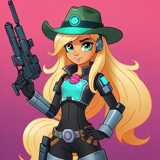 Prompt: equestria girls cyberpunk cyborg applejack wearing a stetson and tech armor and holding a rifle