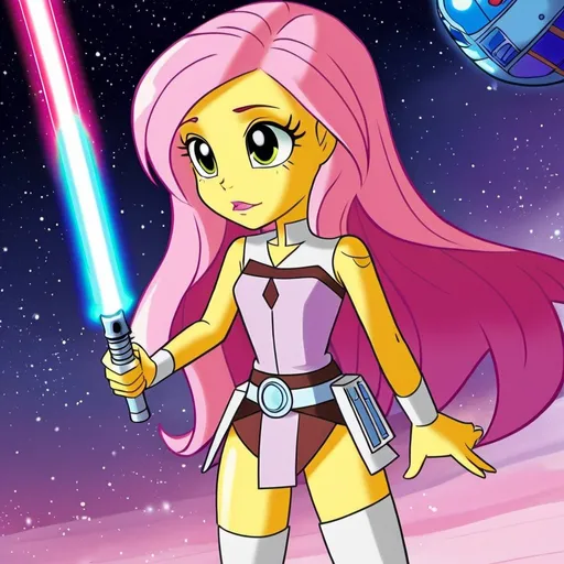 Prompt: star wars equestria girls fluttershy with a lightsaber