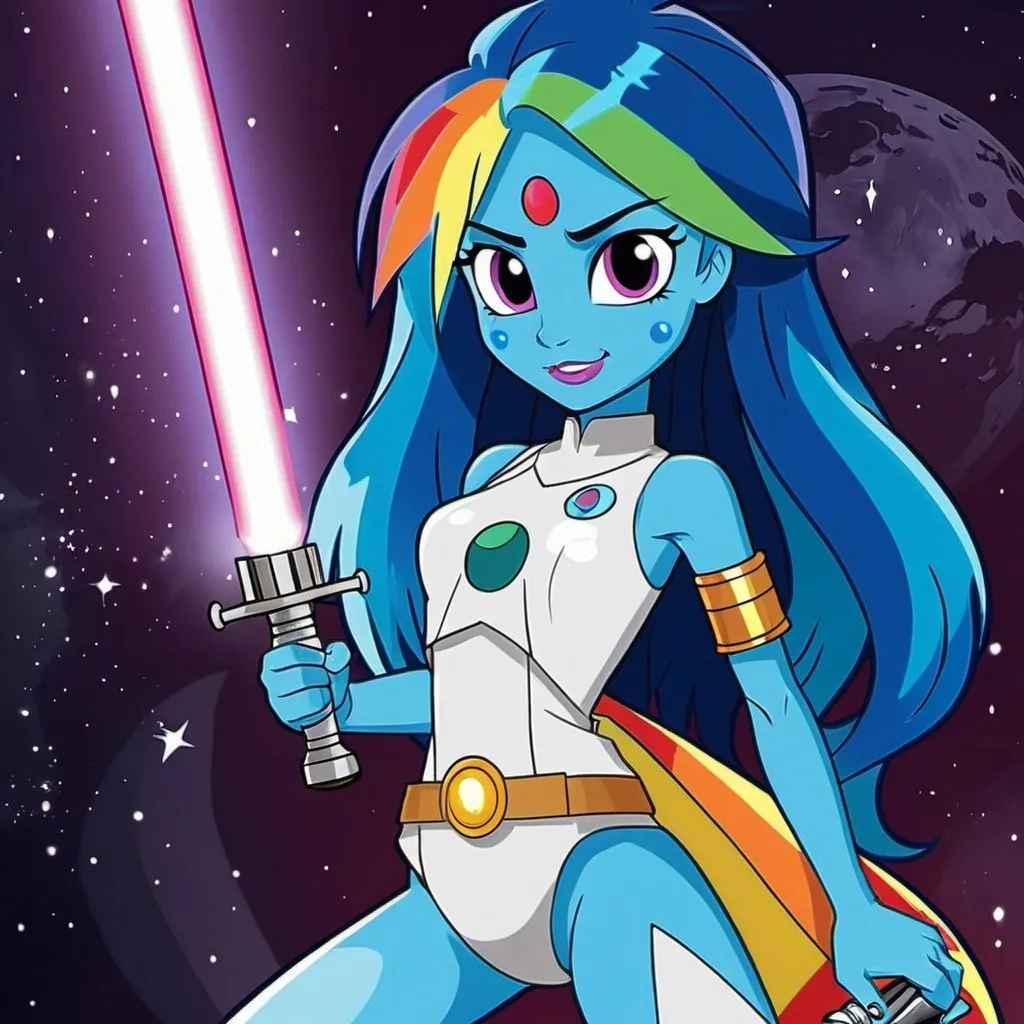Prompt: star wars equestria girls adult rainbow dash with blue skin and holding a lightsaber