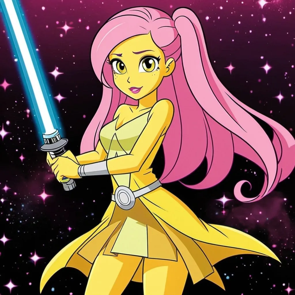 Prompt: star wars equestria girls adult fluttershy with a lightsaber