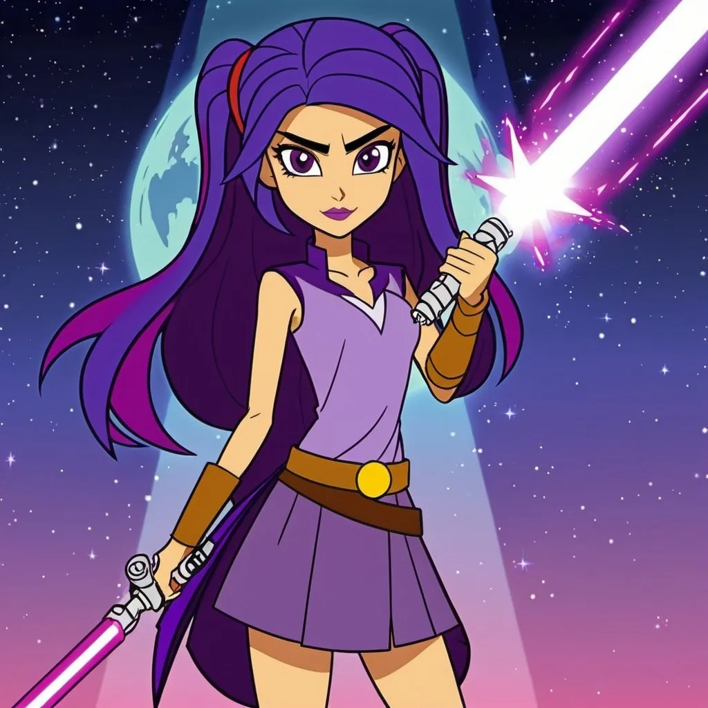 Prompt: star wars equestria girls adult jedi twilight sparkle with purple skin
