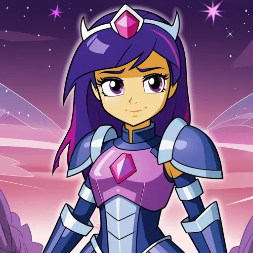 Prompt: sci fi equestria girls twilight sparkle wearing armor