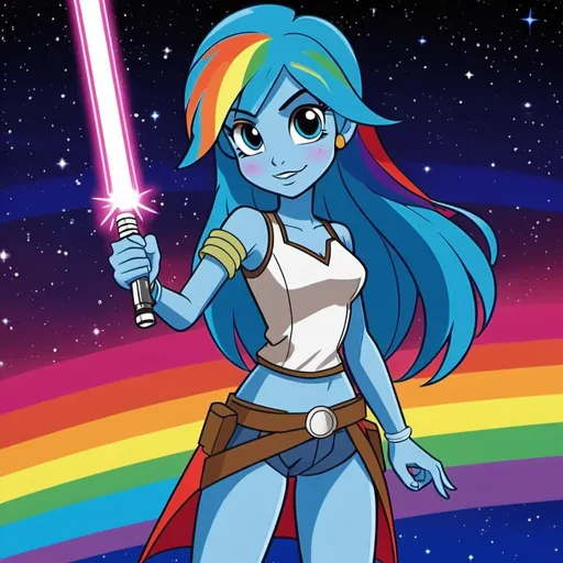 Prompt: star wars equestria girls adult rainbow dash with blue skin and holding a lightsaber