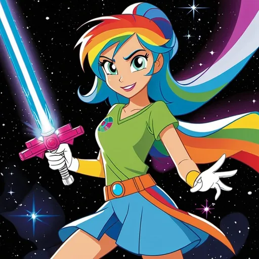 Prompt: star wars equestria girls adult rainbow dash with a lightsaber