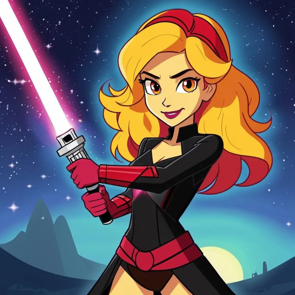 Prompt: star wars equestria girls adult sunset shimmer holding a lightsaber