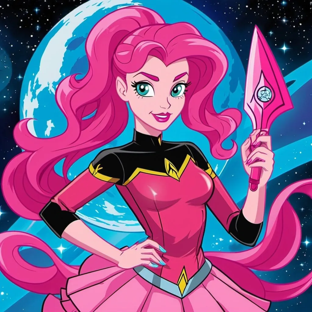 Prompt: star trek equestria girls adult pinkie pie with pink skin