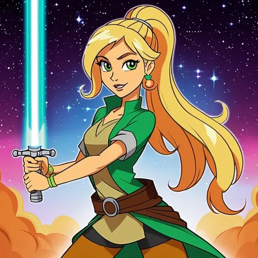 Prompt: star wars equestria girls jedi adult applejack with a ponytail